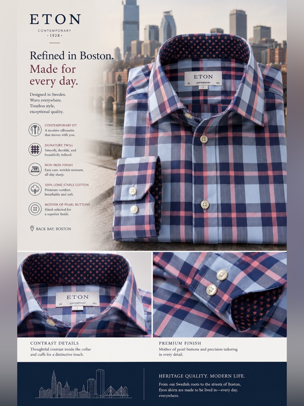 Eton Men's Blue and Pink Plaid Dress Shirt